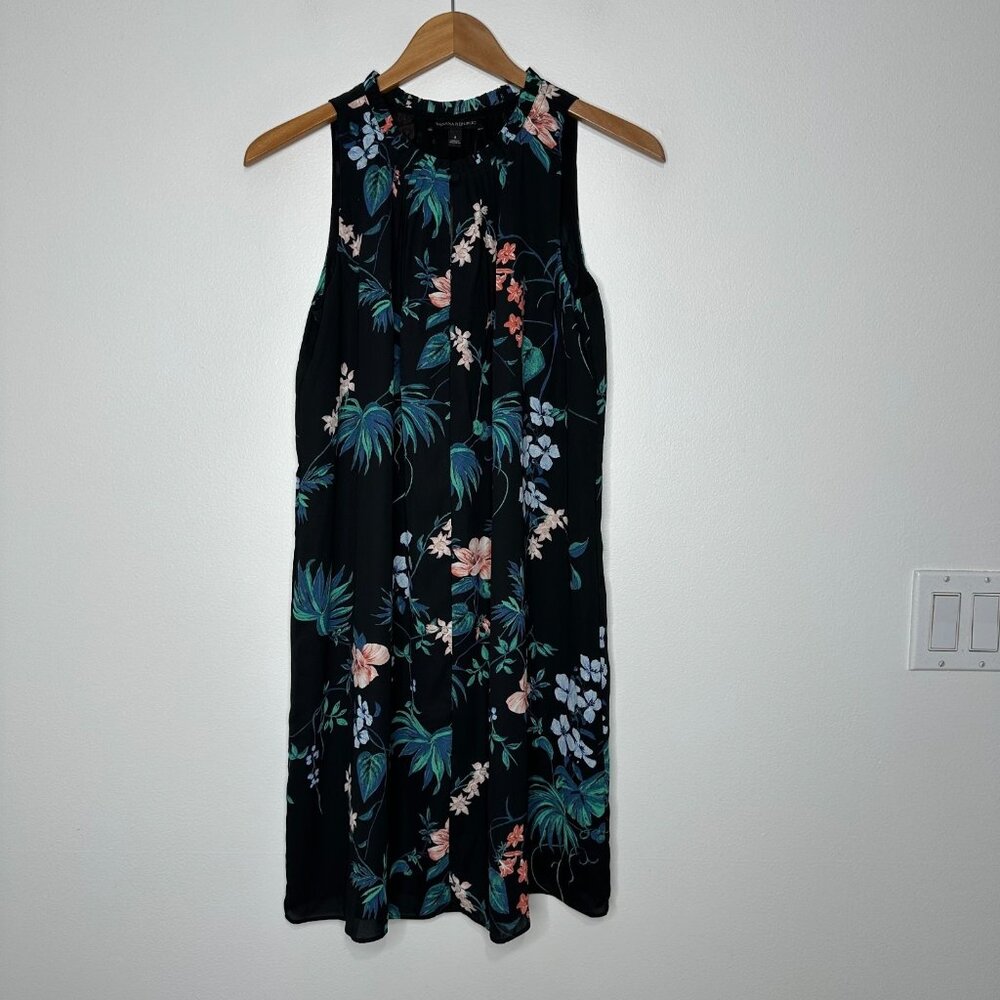 Banana Republic Shift Dress Size‎ 4 Black Floral Pintuck Sleeveless